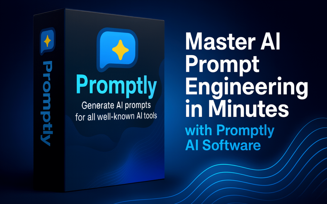 Box design for Promptly AI software featuring a blue logo and text about AI prompt engineering.