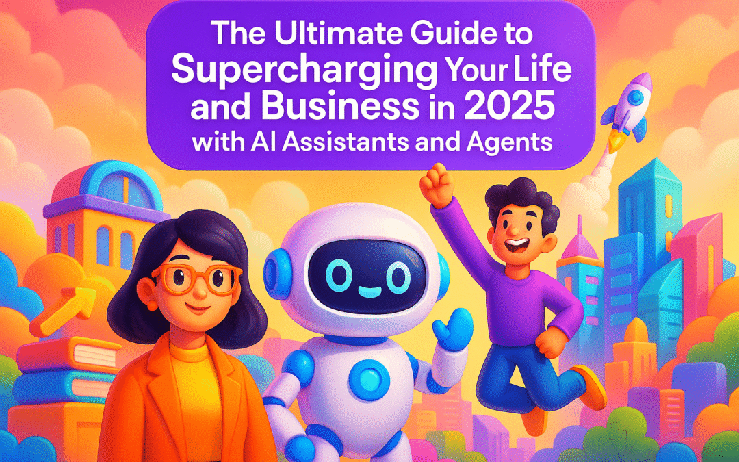 Colorful illustration featuring a woman, a robot, and a man with a rocket in a vibrant background.