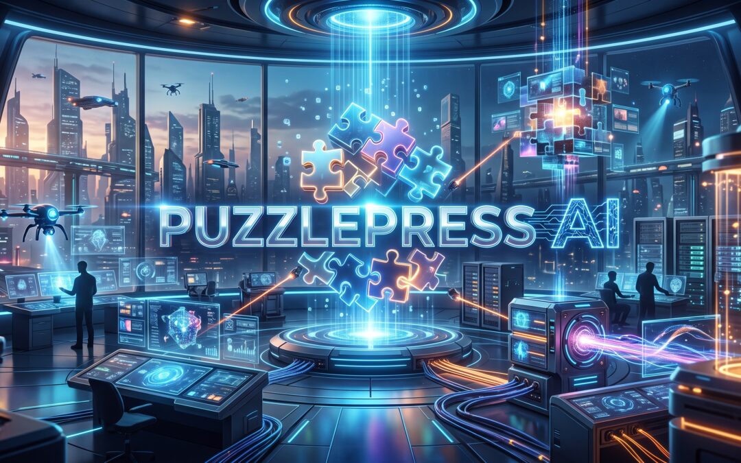 A futuristic control room displays glowing puzzle pieces and the PuzzlePress AI name, evoking an AI puzzle engine for KDP publishing.