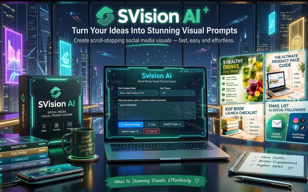 A laptop shows the SVision AI prompt engine beside sample marketing graphics, under the headline “Turn Your Ideas Into Stunning Visual Prompts.”