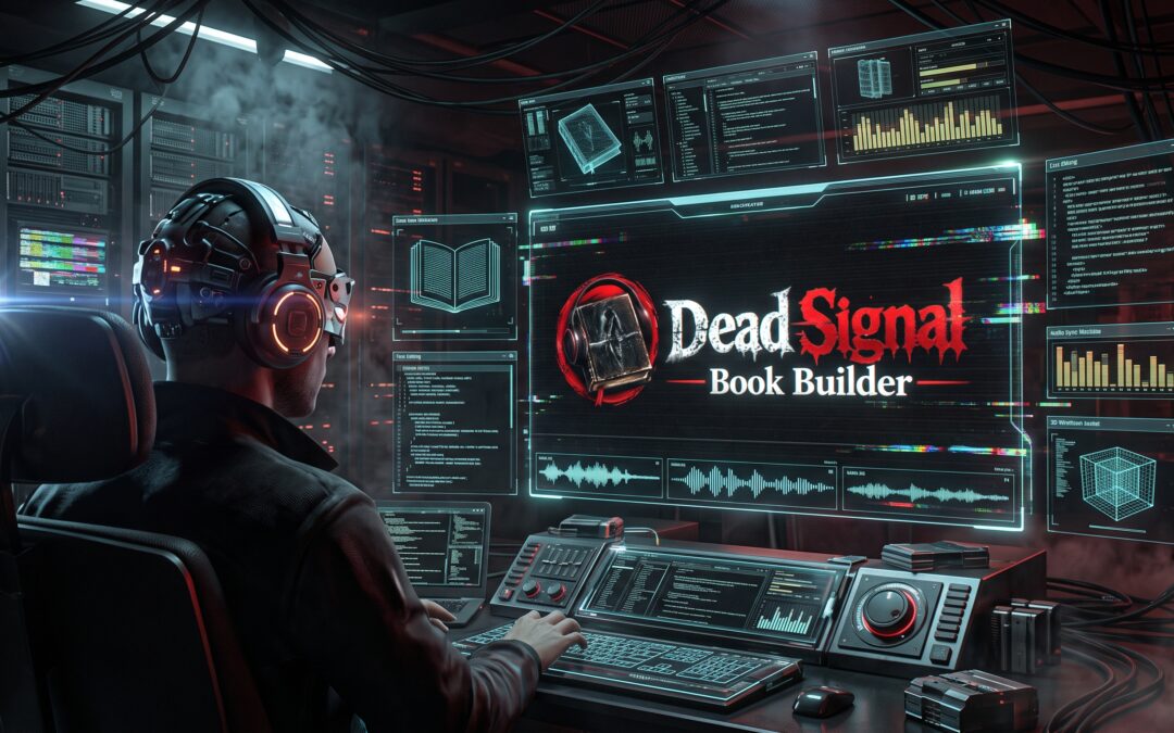 A helmeted operator works at a bank of glowing consoles beneath the title “Dead Signal Book Builder,” a guided horror novel workflow.